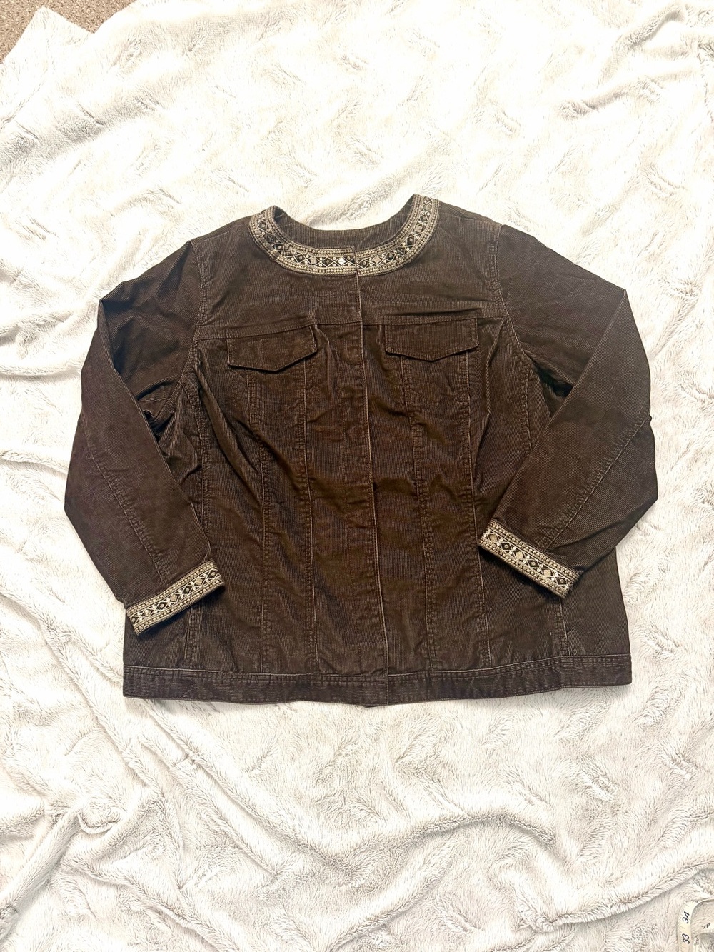 Avenue Jeans Corduroy Jacket 22/24 Brown Embroidered Beaded Boho Plus Size